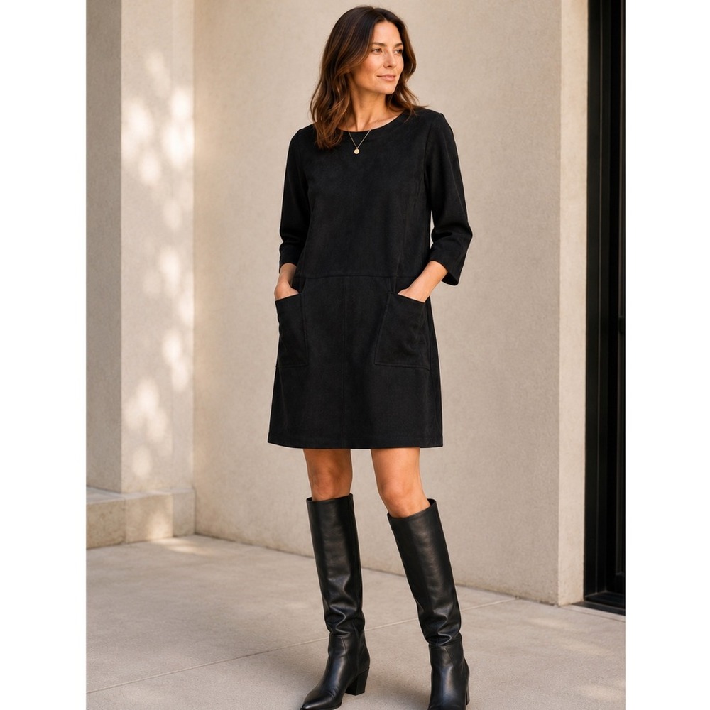 Lesley Evers Black Faux Suede Shift Mini Dress Pockets 3/4 Sleeve Medium LBD